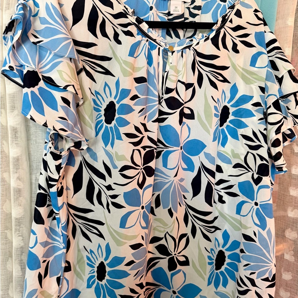 Liz Claiborne Blue and Black Floral Blouse